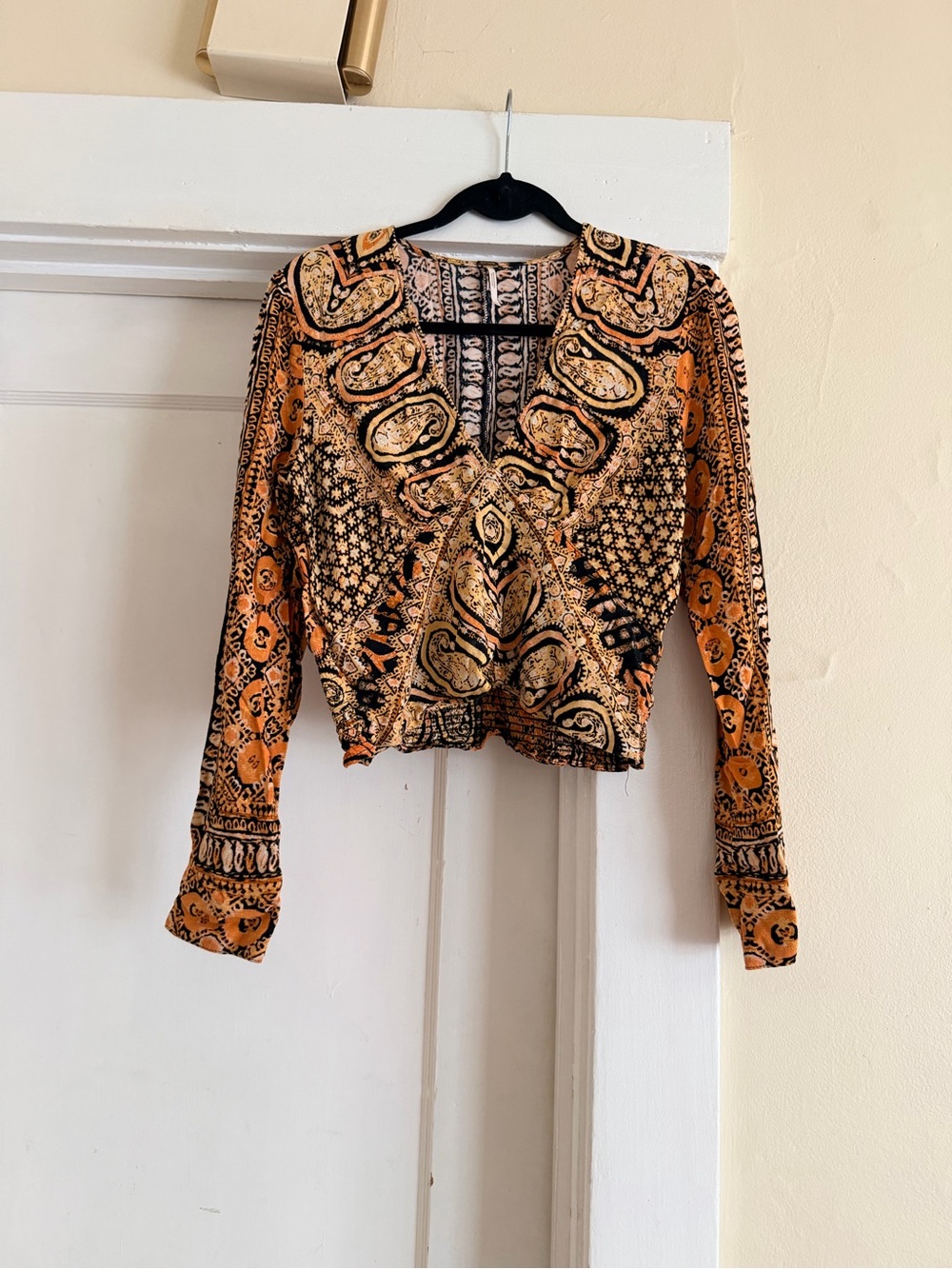 Free People Orange Paisley V-Neck Long Sleeve Blouse